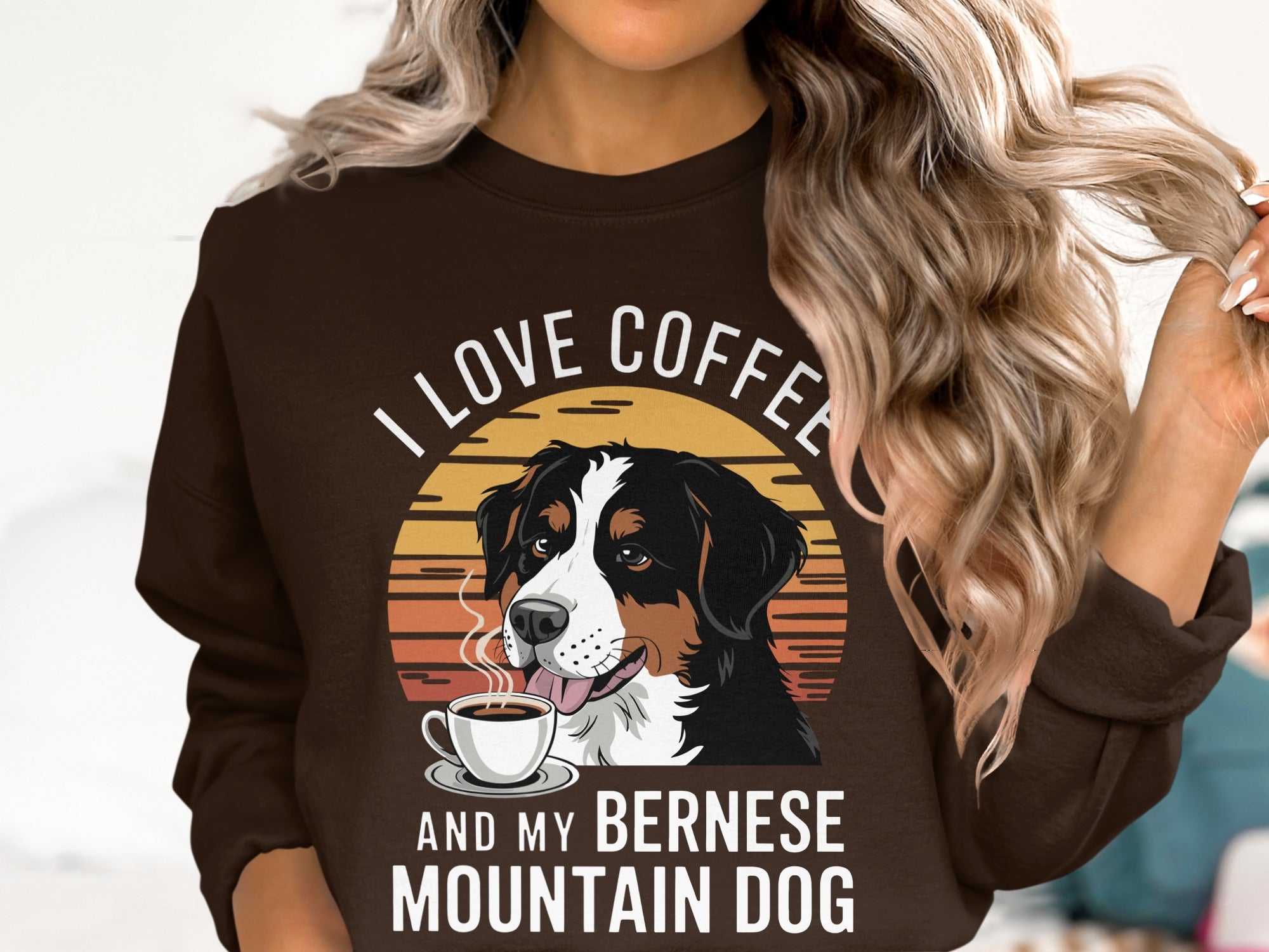 Bernese Mountain Dog and coffee graphic with text "I love coffee and my Bernese Mountain Dog".
