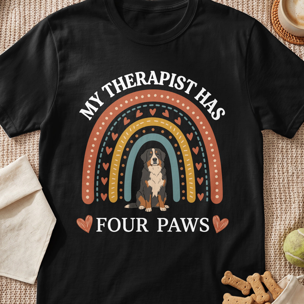 Black t-shirt with a rainbow graphic and text "MY THERAPIST HAS FOUR PAWS".