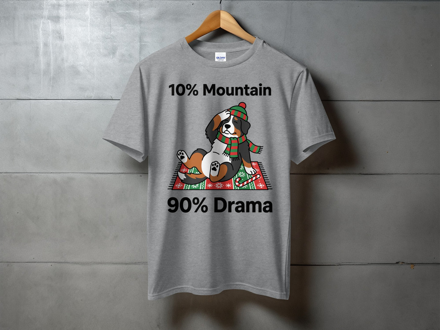 Grey t-shirt with "10% Mountain 90% Drama" text and cartoon dog.
