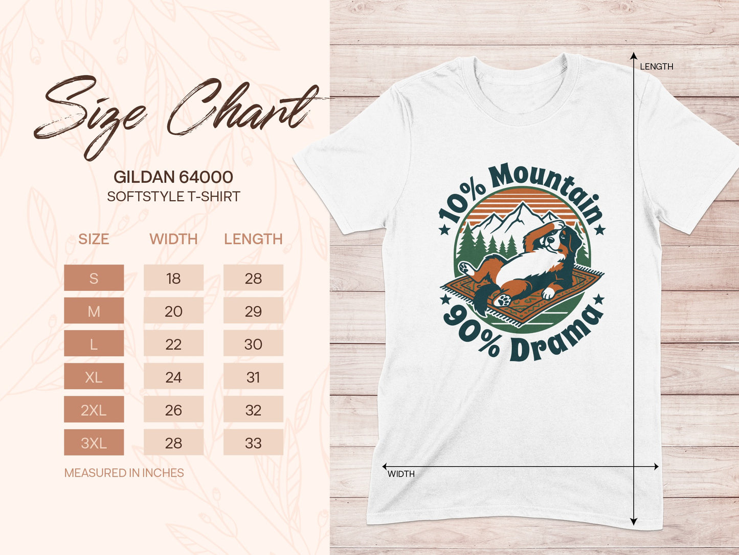 Size chart for Gildan 64000 softstyle t-shirt with dog graphic.