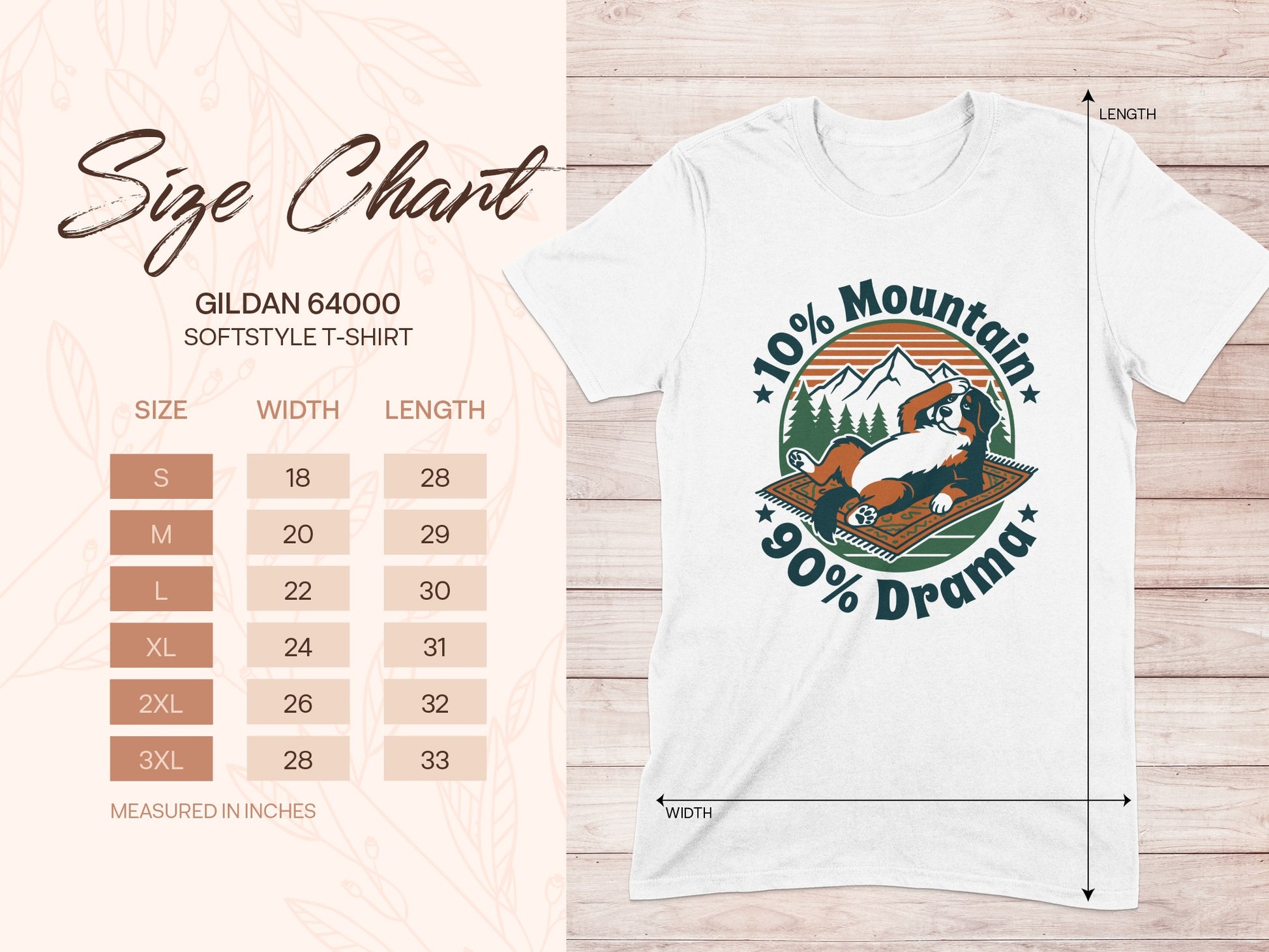 Size chart for Gildan 64000 softstyle t-shirt with dog graphic.