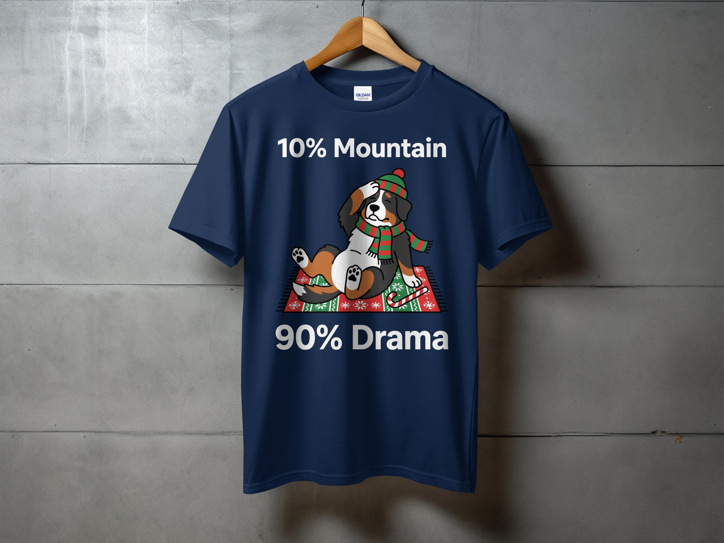 Navy shirt with "10% Mountain 90% Drama" text and cartoon dog illustration.