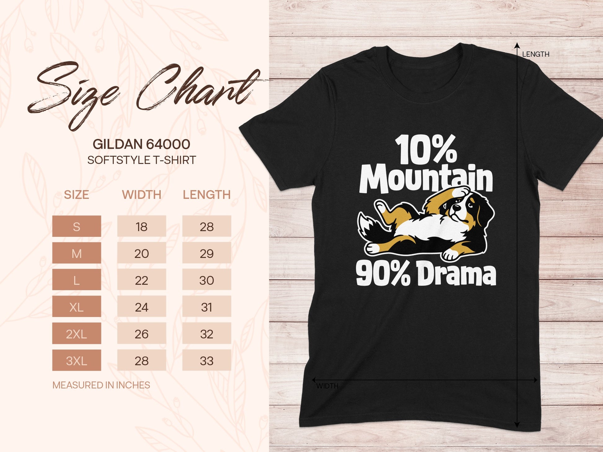 Black t-shirt featuring "10% Mountain 90% Drama" graphic. Size chart included.