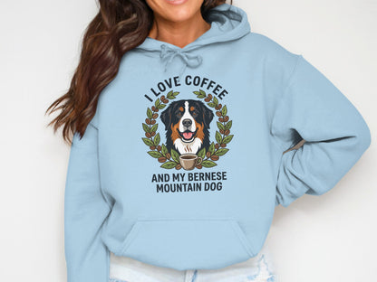 Light blue hoodie with graphic of Bernese Mountain Dog and "I Love Coffee and My Bernese Mountain Dog" text.