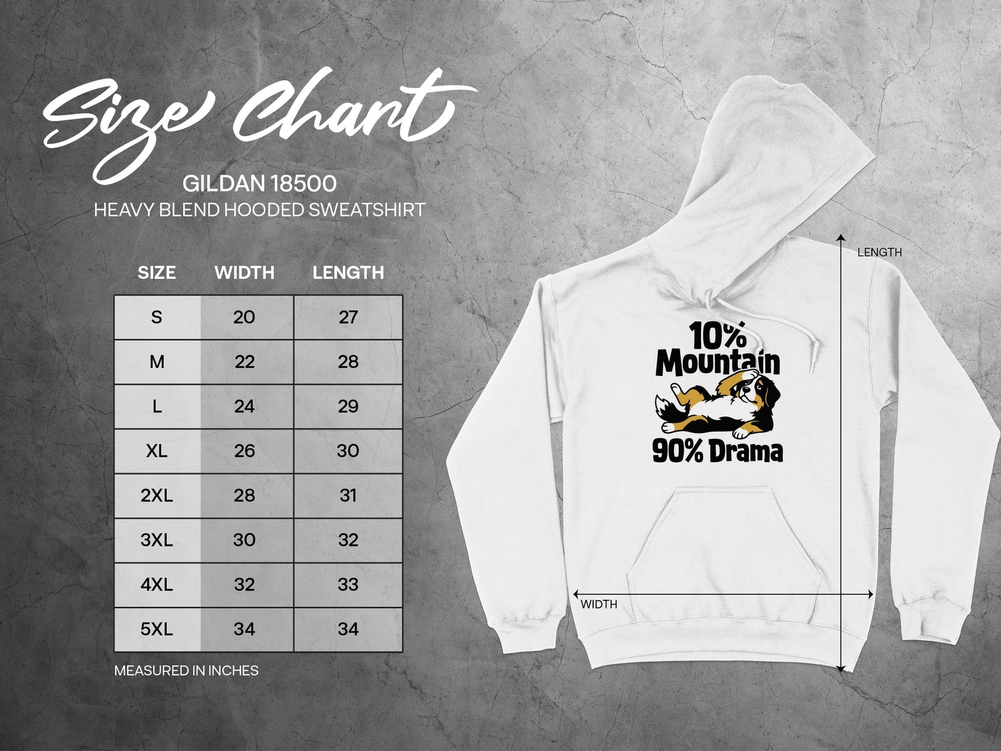 Gildan 18500 hooded sweatshirt size chart with width and length measurements in inches.