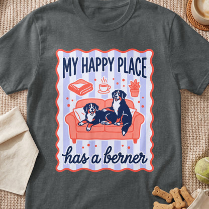 T-shirt with graphic of two Bernese Mountain Dogs on a couch, "My Happy Place has a berner".