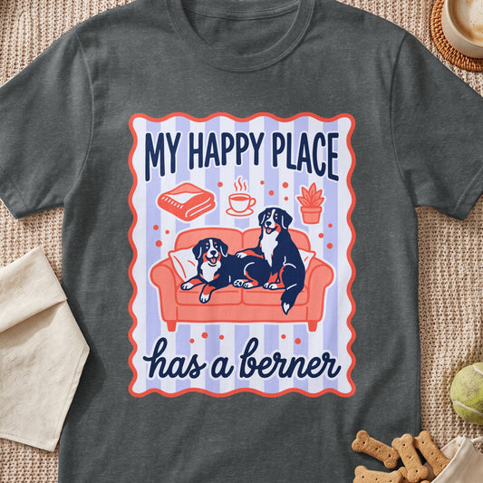 T-shirt with graphic of two Bernese Mountain Dogs on a couch, "My Happy Place has a berner".