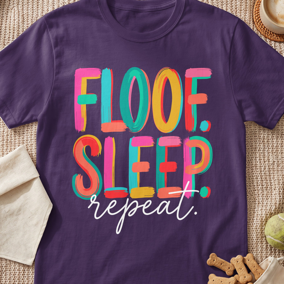Purple t-shirt with colorful "Floof. Sleep. repeat." text and white script.