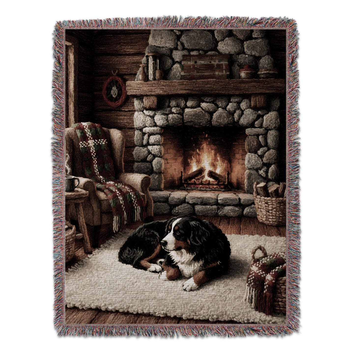 Cozy Fireplace Scene with Dog Woven Throw Blanket