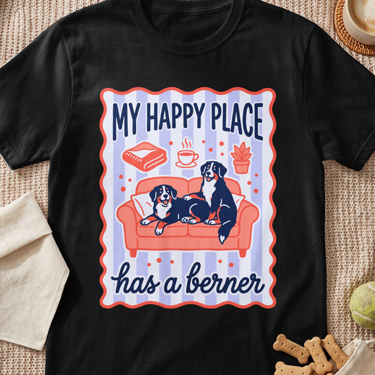 Black t-shirt with "My happy place has a berner" text and two dogs on a couch.