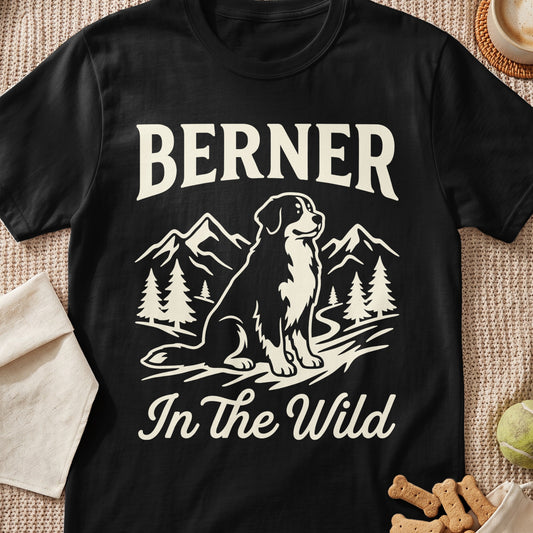 Black t-shirt with "BERNER In The Wild" text and a dog with mountains and trees.