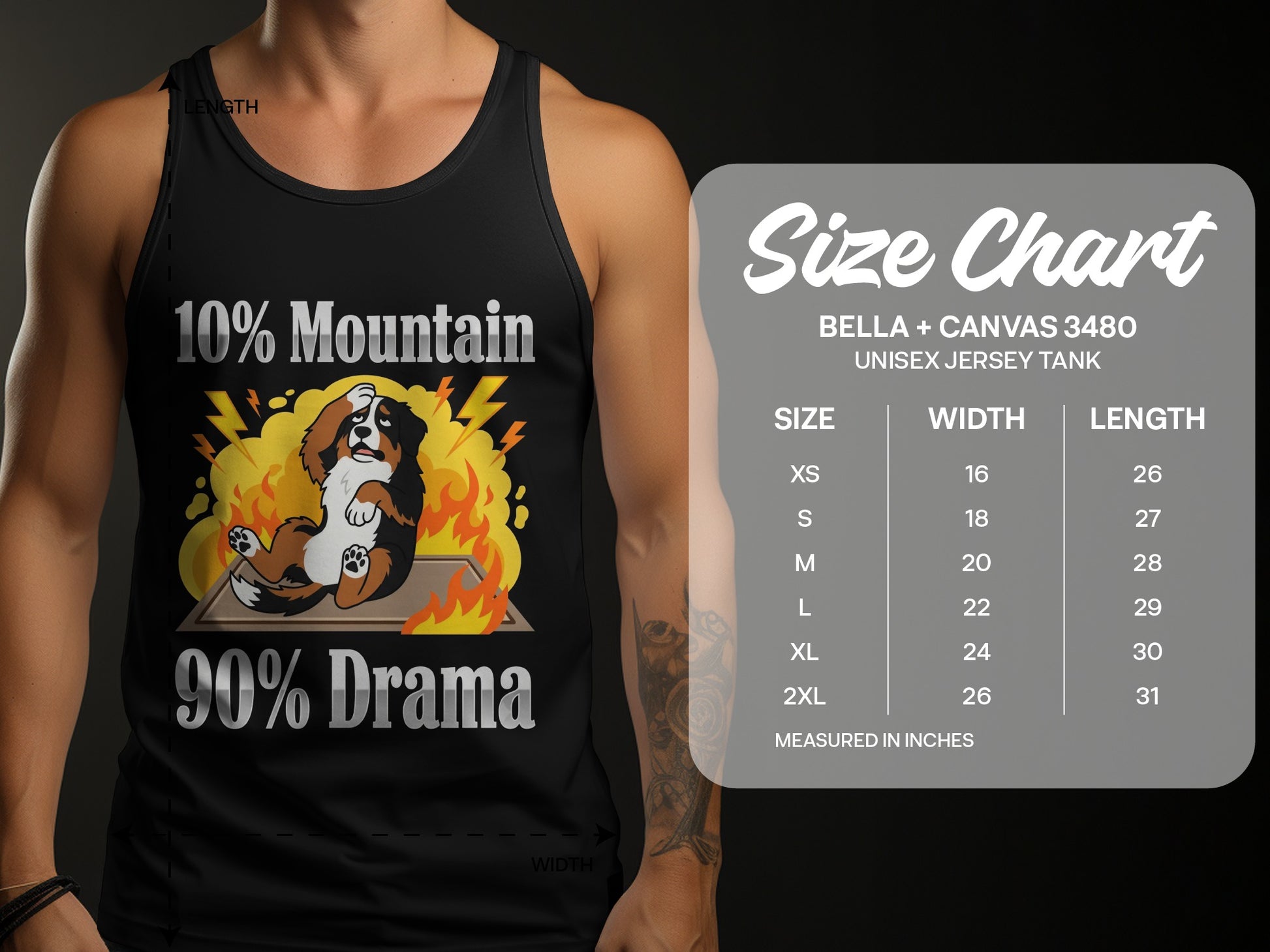 Black tank top with a Bernese Mountain Dog design and size chart.