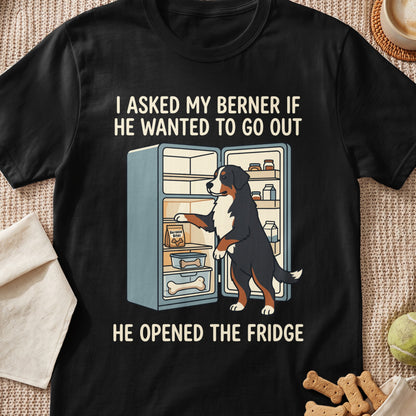 Bernese dog opens fridge with "Bernese Bites" and bone treats.