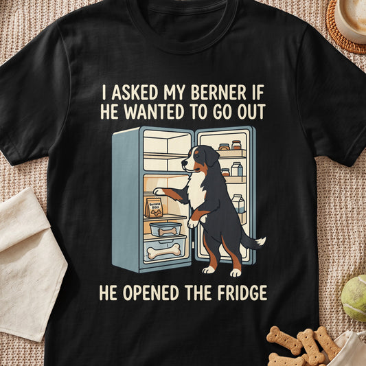 Bernese dog opens fridge with "Bernese Bites" and bone treats.
