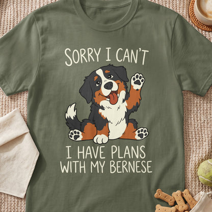 Green t-shirt with "Sorry I Can't, I Have Plans With My Bernese" and a cartoon Bernese dog.