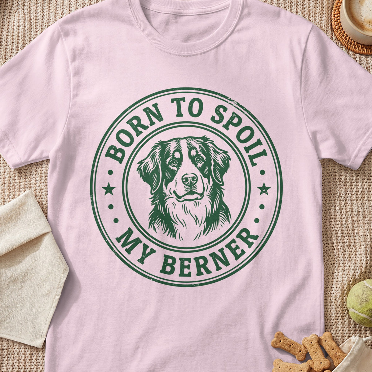 Pink t-shirt with green graphic "Born to Spoil My Berner" and dog illustration.