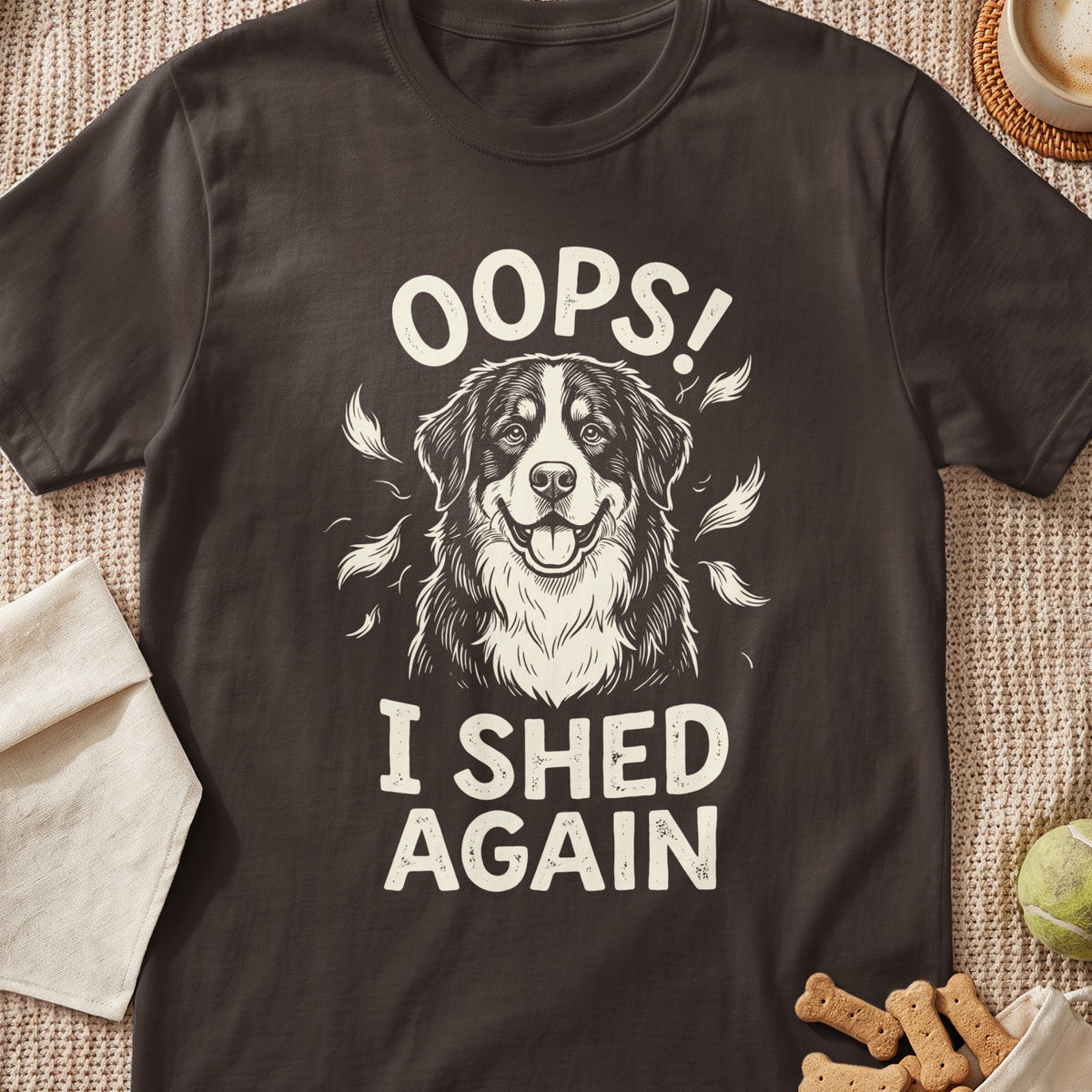 Brown t-shirt with dog graphic and text "Oops! I Shed Again".