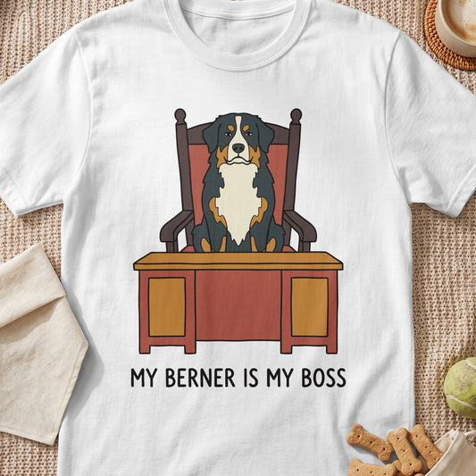 Bernese Mountain Dog sitting at a desk with text "MY BERNER IS MY BOSS".