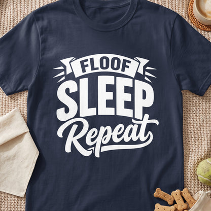 Navy t-shirt with white text: "Floof Sleep Repeat"