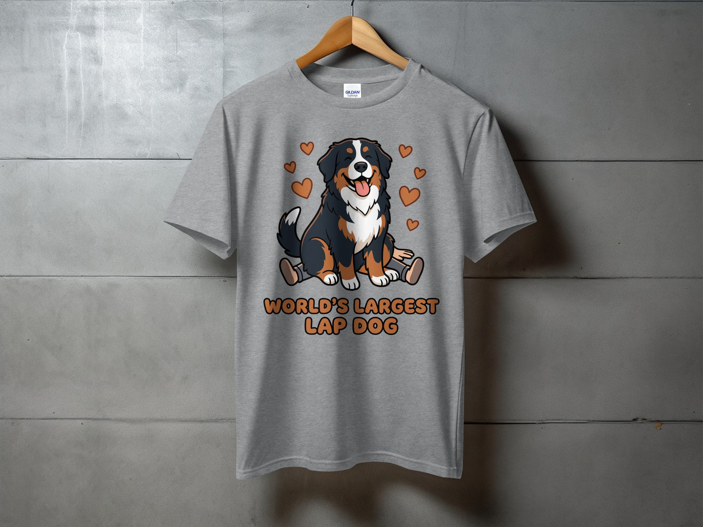 Grey t-shirt with cartoon Bernese Mountain Dog and text "World's Largest Lap Dog".