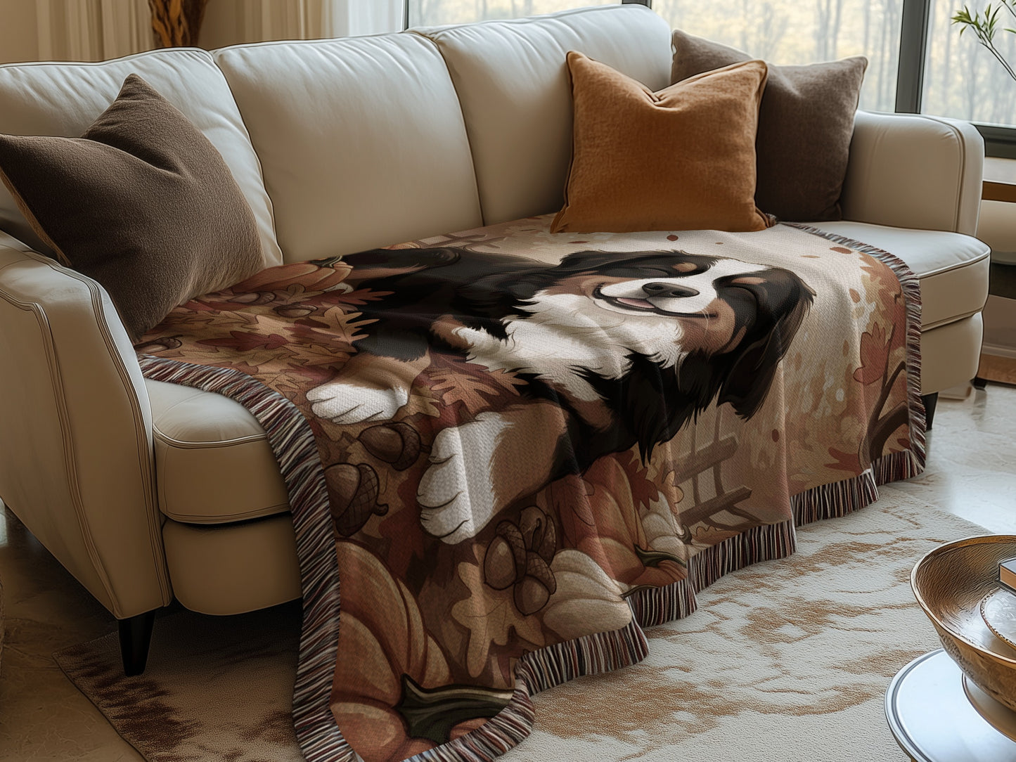 Smiling Bernese Mountain Dog In Autumn Leaves Blankets