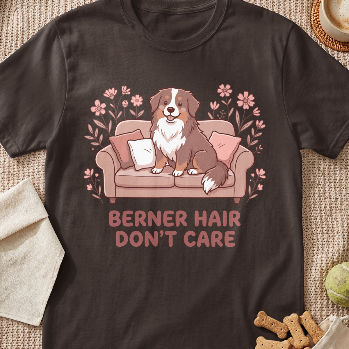 Dog sitting on couch with flowers and "Berner Hair Don't Care" text.