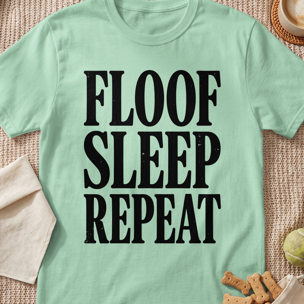 Light green t-shirt with black text "FLOOF SLEEP REPEAT"