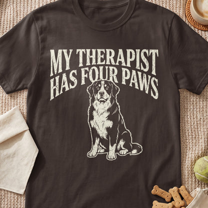 Dark brown t-shirt with distressed text and dog illustration: "My Therapist Has Four Paws"