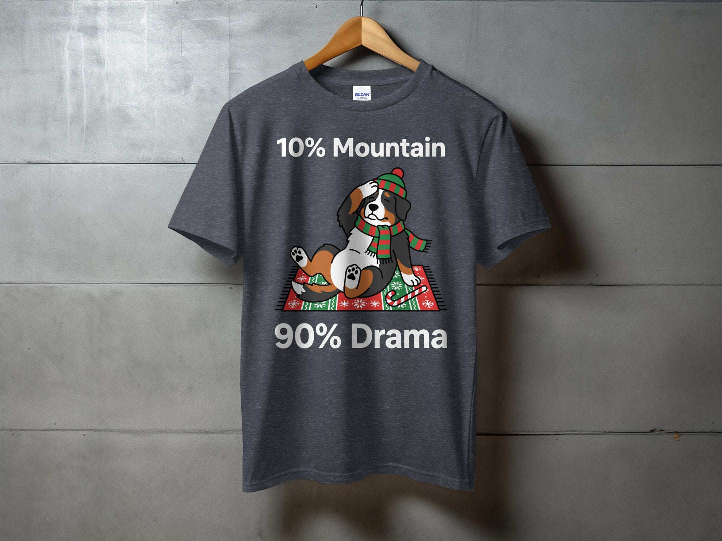 Dark gray t-shirt with text "10% Mountain 90% Drama" and a dog graphic.