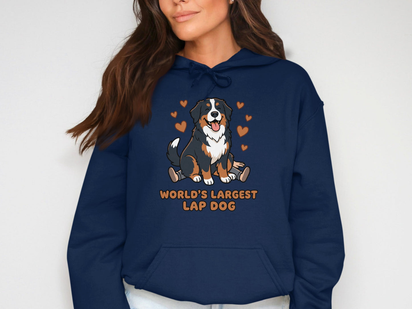 Navy hoodie with cartoon Bernese Mountain Dog and "World's Largest Lap Dog" text.