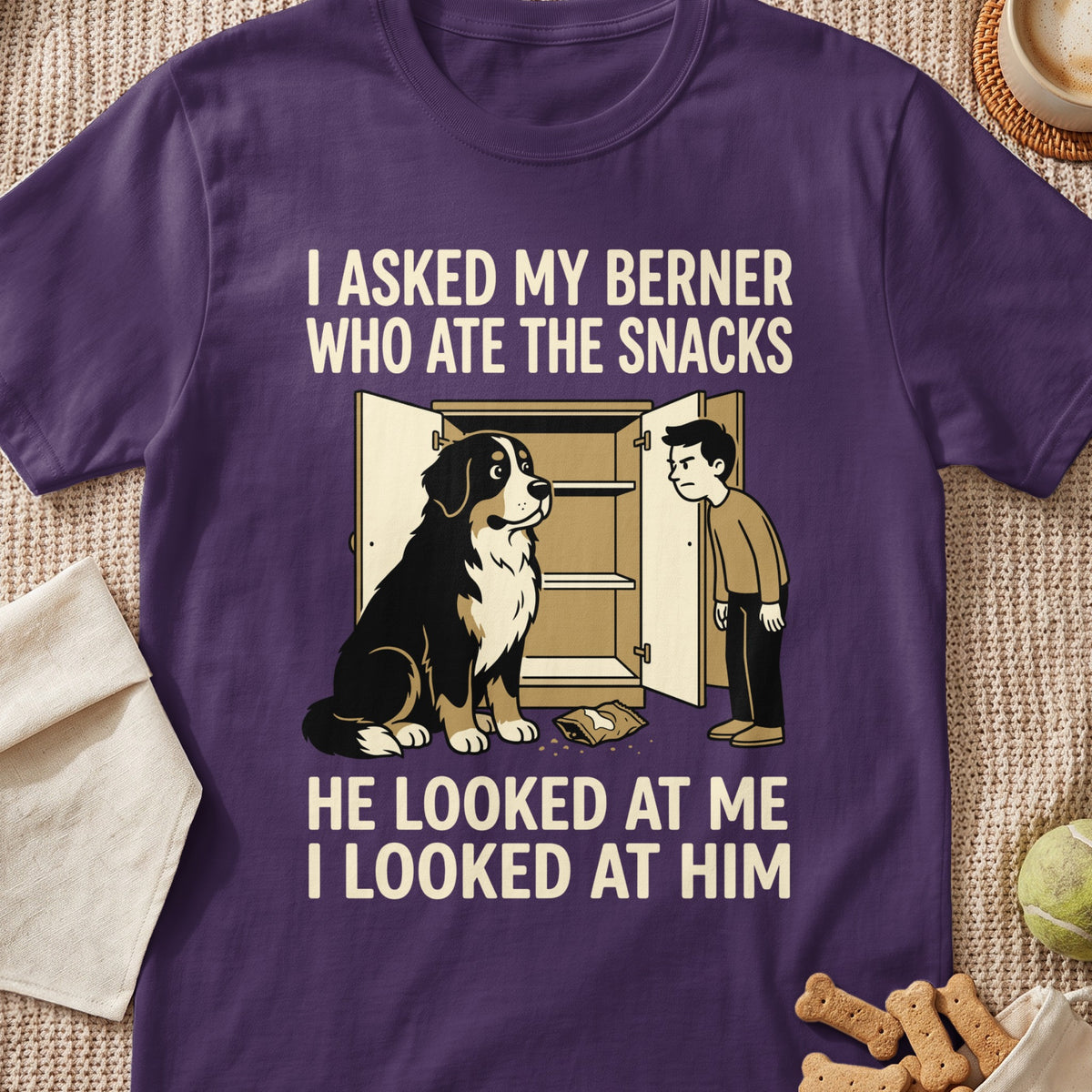Bernese Mountain Dog and person looking at empty cupboard with snack bag.