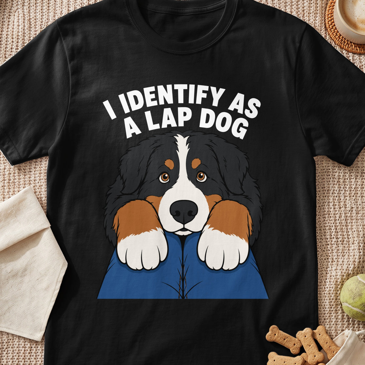 Black t-shirt with Bernese Mountain Dog graphic and text "I IDENTIFY AS A LAP DOG".