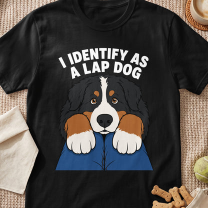 Black t-shirt with Bernese Mountain Dog graphic and text "I IDENTIFY AS A LAP DOG".