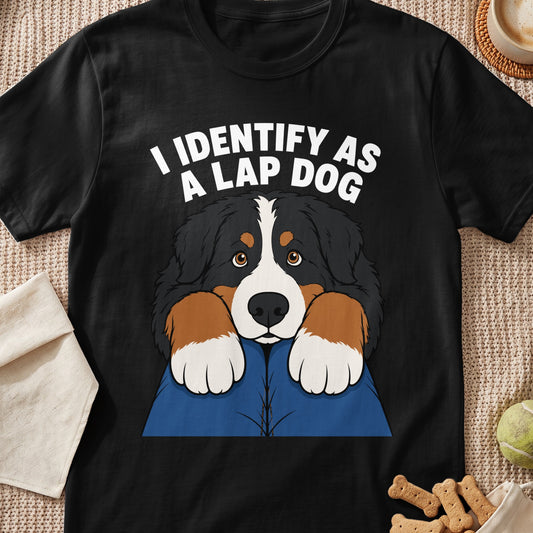 Black t-shirt with Bernese Mountain Dog graphic and text "I IDENTIFY AS A LAP DOG".