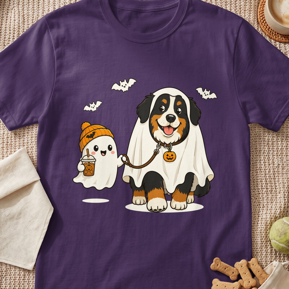 Bernese Mountain Dog and ghost in Halloween costumes with bats and a coffee drink.