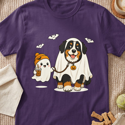 Bernese Mountain Dog and ghost in Halloween costumes with bats and a coffee drink.