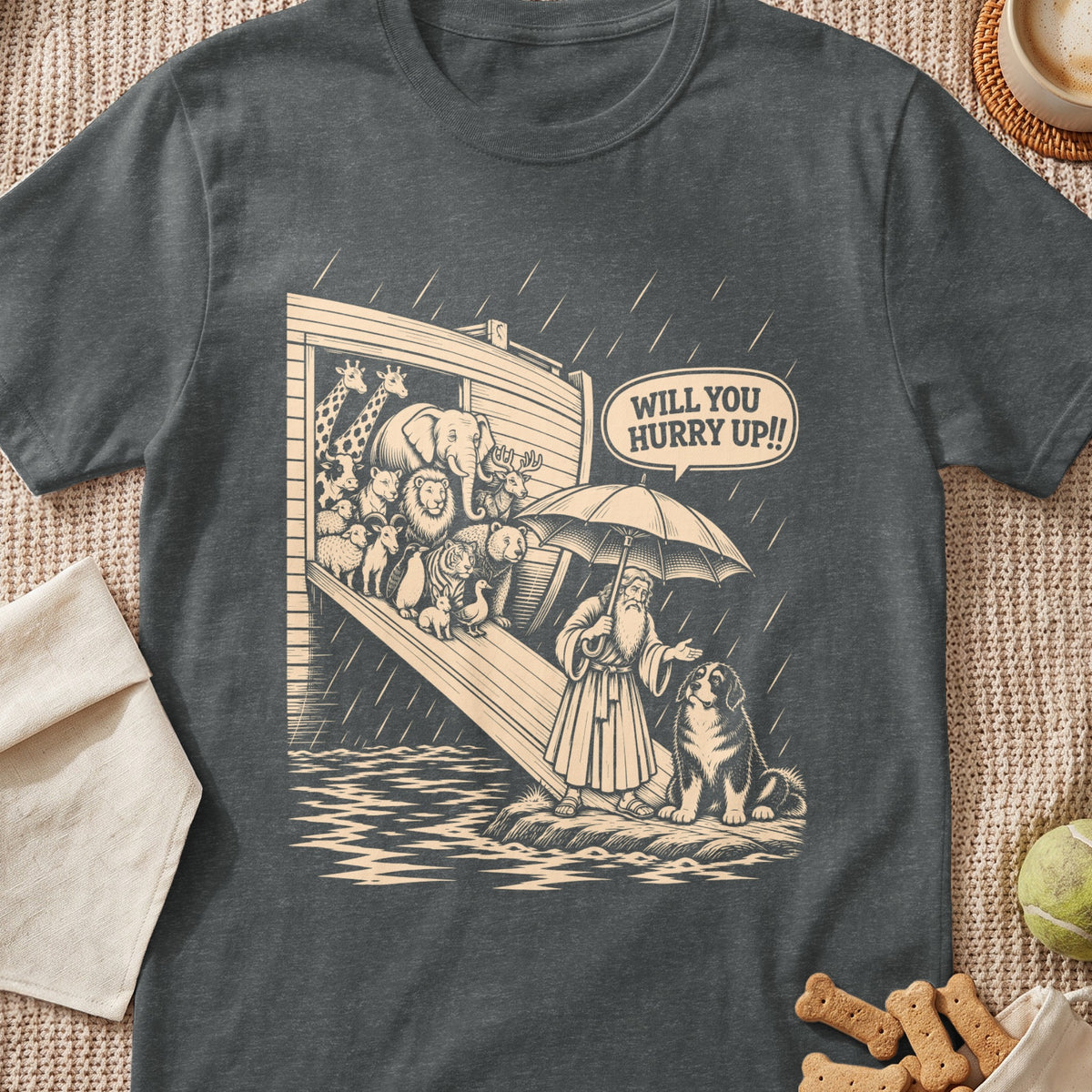 Noah's Ark with animals boarding and a dog and man with umbrella saying "Will you hurry up!!".