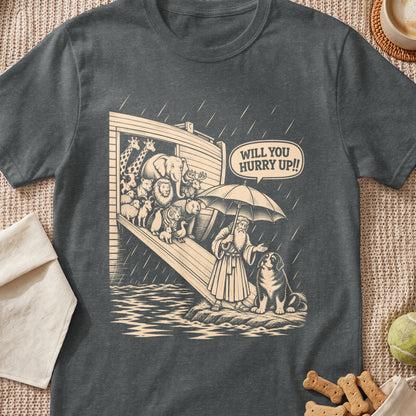 Noah's Ark with animals boarding and a dog and man with umbrella saying "Will you hurry up!!".
