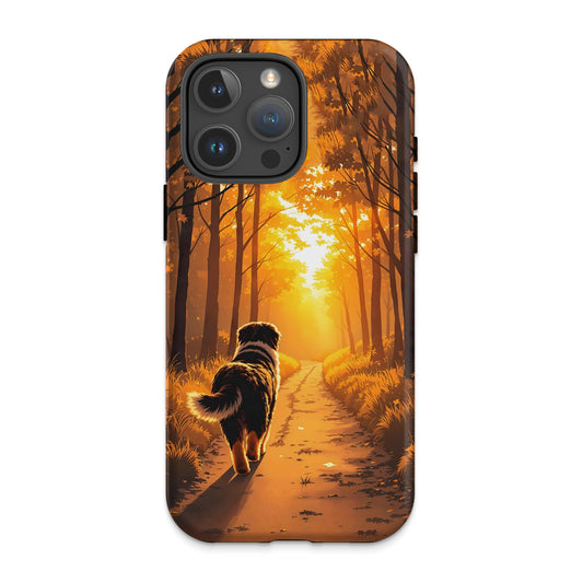 Dog Walking in Sunlit Forest Path Phone Case product