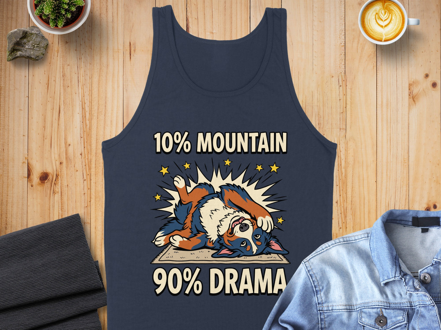 Navy tank top with cartoon dog and "10% Mountain 90% Drama" text.