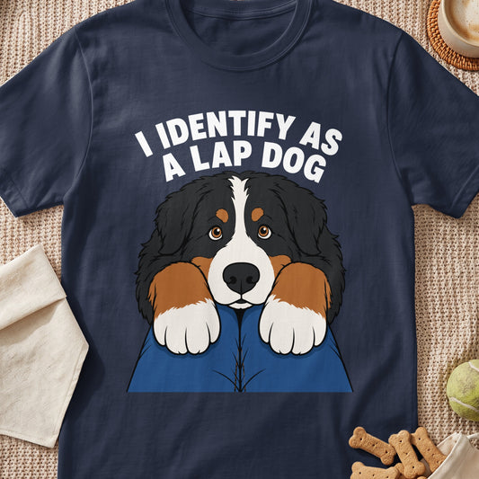 Bernese Mountain Dog graphic on t-shirt says "I identify as a lap dog."