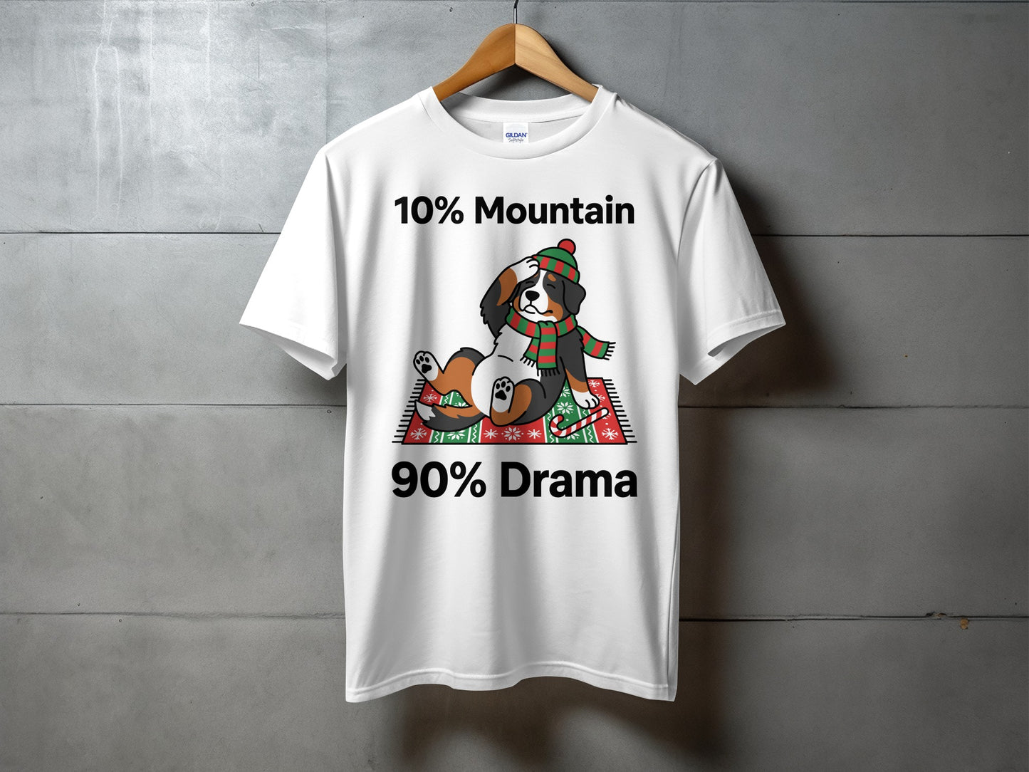 White t-shirt graphic with text "10% Mountain 90% Drama" and dog.