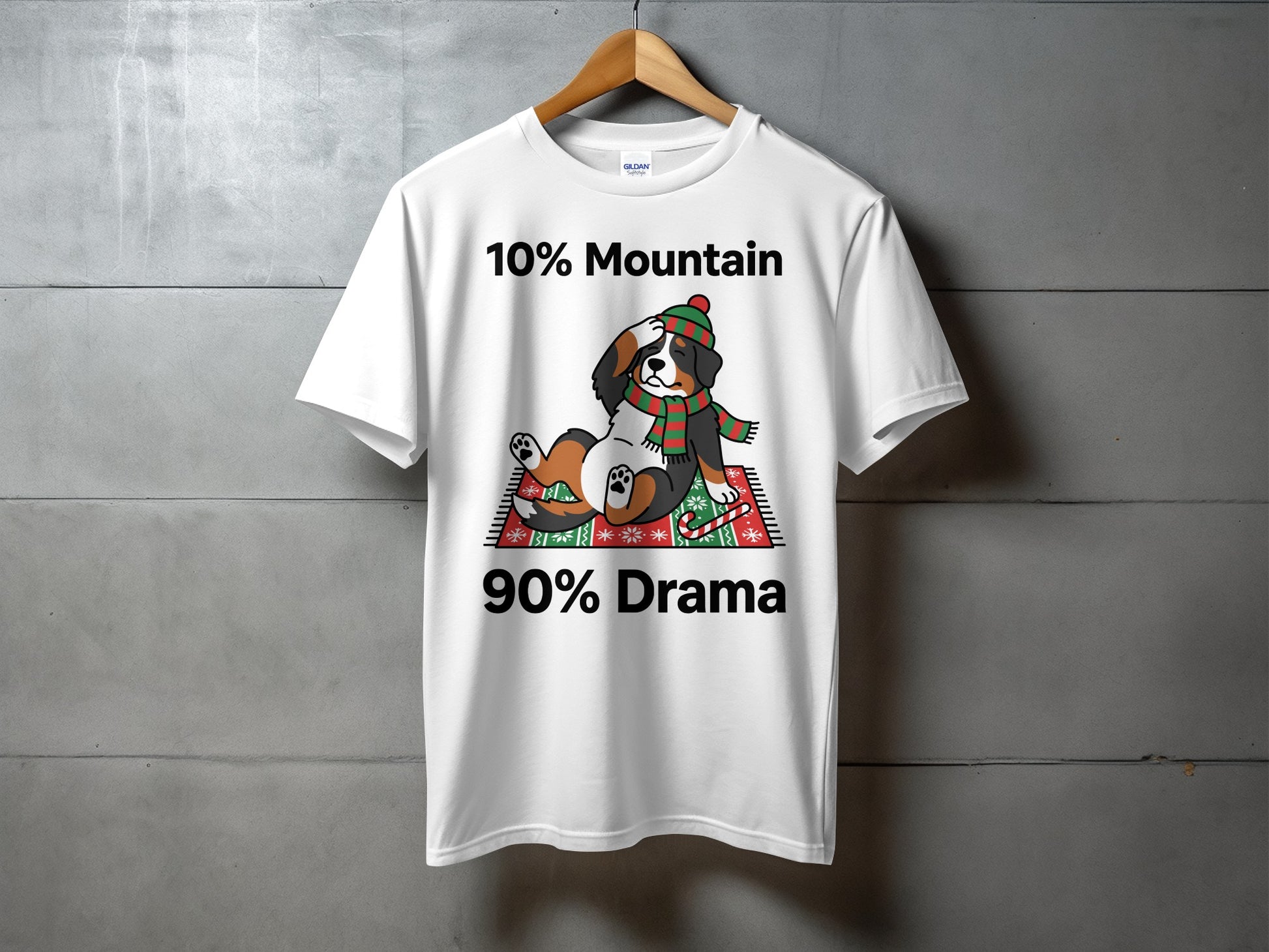 White t-shirt graphic with text "10% Mountain 90% Drama" and dog.
