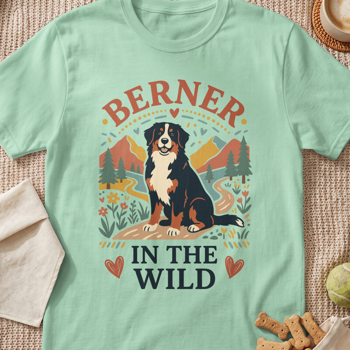 Bernese Mountain Dog graphic with text "BERNER IN THE WILD" on a light green t-shirt.