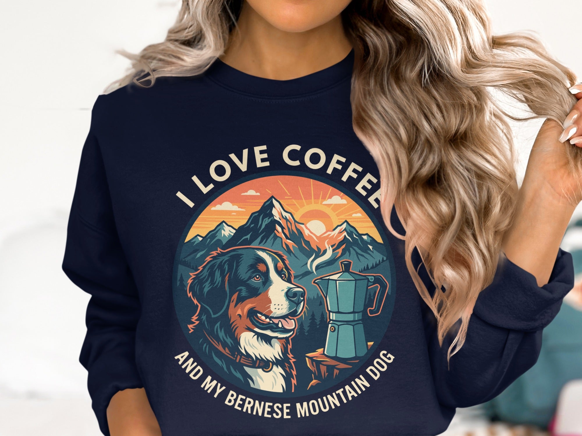 Bernese Mountain Dog with coffee pot and mountains; "I love coffee and my Bernese Mountain Dog."