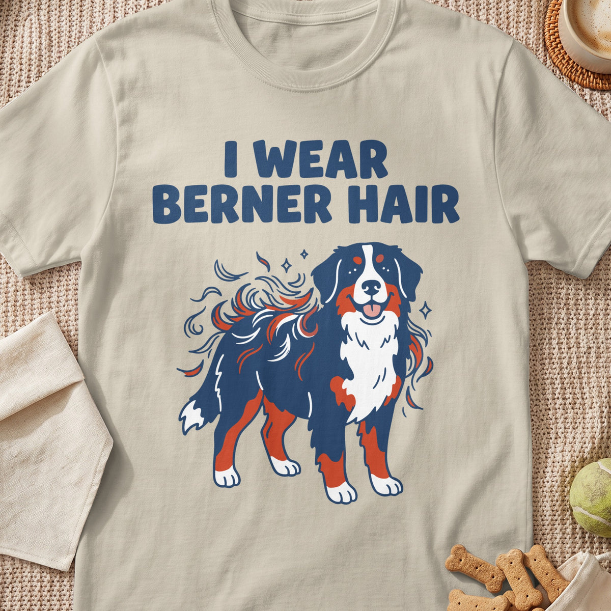 Light beige t-shirt with "I WEAR BERNER HAIR" and a cartoon Bernese Mountain Dog.