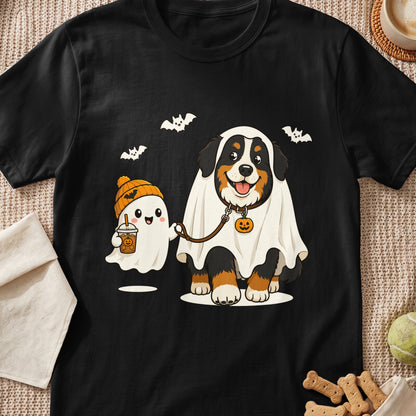Bernese Mountain Dog and ghost wearing Halloween costumes, holding coffee.