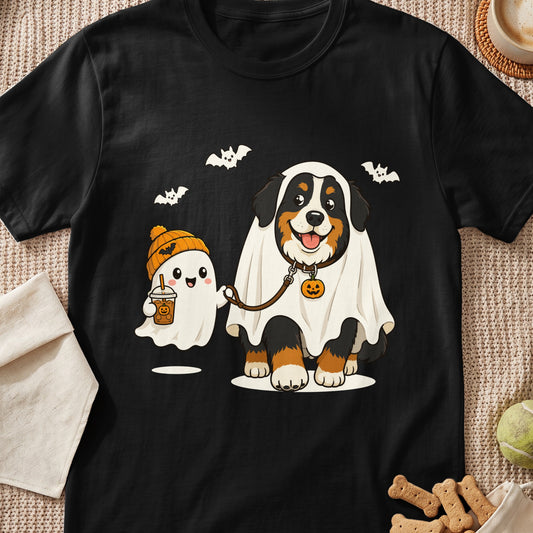 Bernese Mountain Dog and ghost wearing Halloween costumes, holding coffee.
