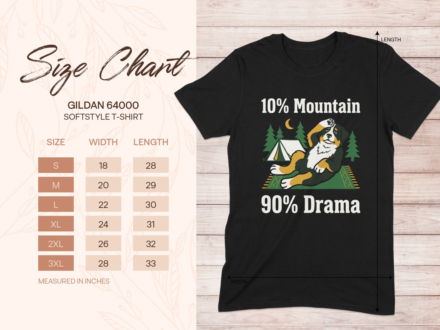 Gildan 64000 softstyle t-shirt size chart with text and dog graphic.