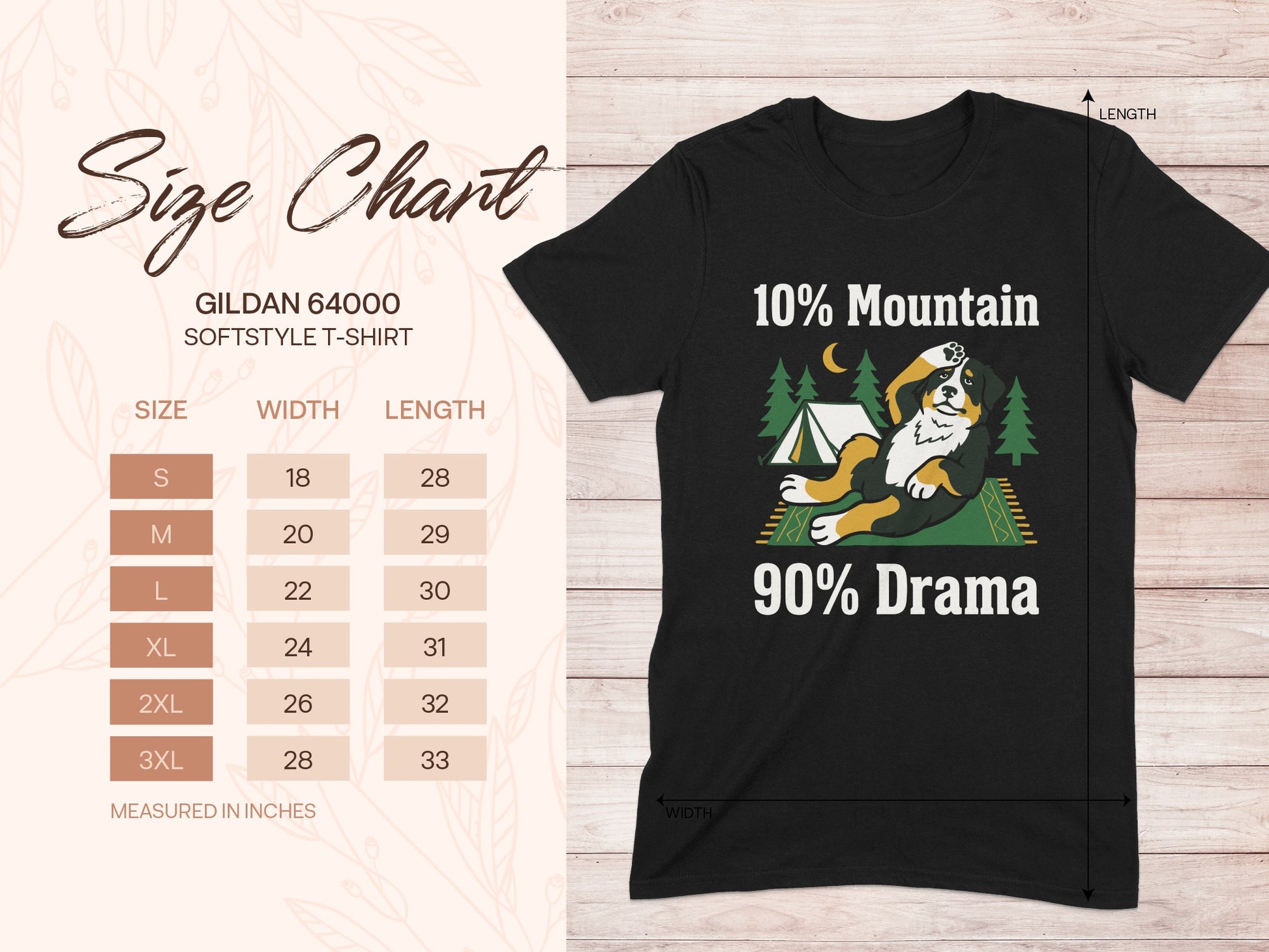 Gildan 64000 softstyle t-shirt size chart with text and dog graphic.